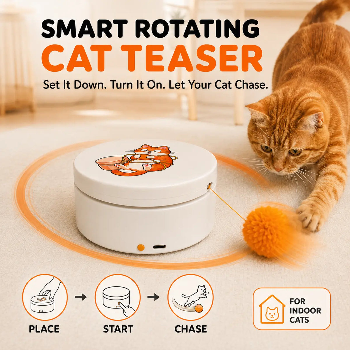 Engaging Smart Rotating Cat Teaser - Rechargeable Interactive Toy with 5 Exciting Play Modes, Touch Activation, and Versatile Mounting Options for Indoor Cats & Kittens