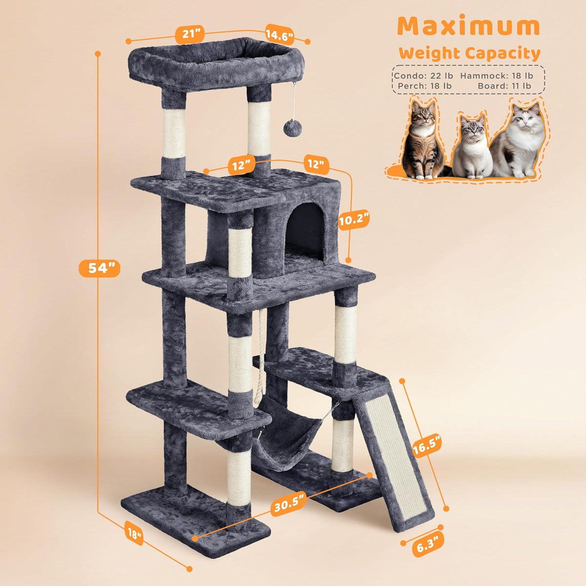 Yaheetech 54In Cat Tree Tower for Large Cats, Multi-Level Condo & Hammock