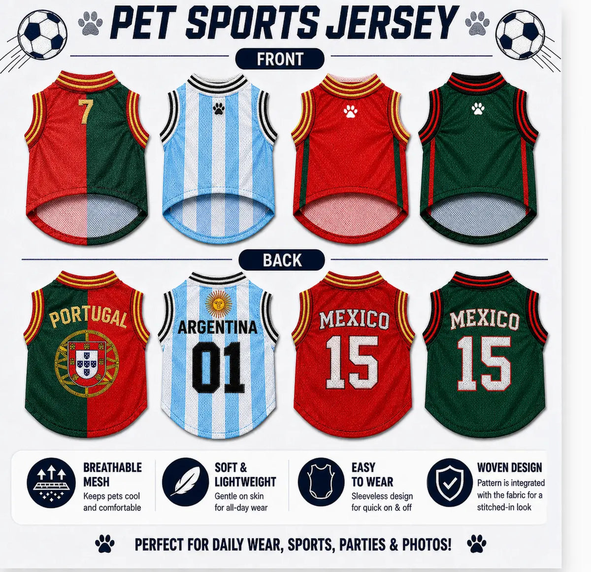 Pet Sports Jersey Clothing - Lightweight Breathable Fabric Sleeveless Mesh Puppy Clothes Vest, Cute Soccer Graphic Print Costume for Small-Medium Dogs/Cats, Game Day, Walks